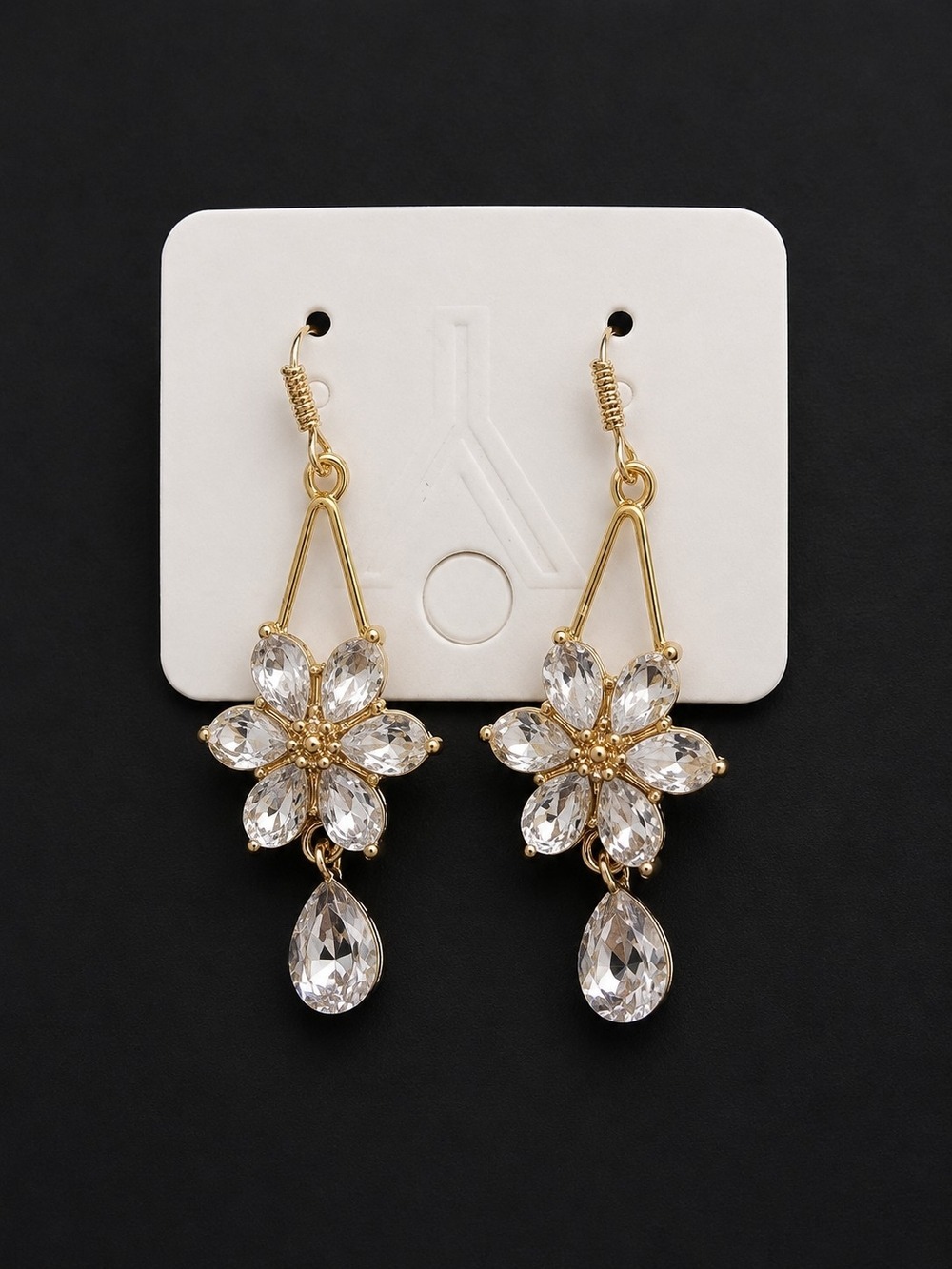 Gold Floral Crystal Drop Earrings Women Jewelry - Picture 2 of 4